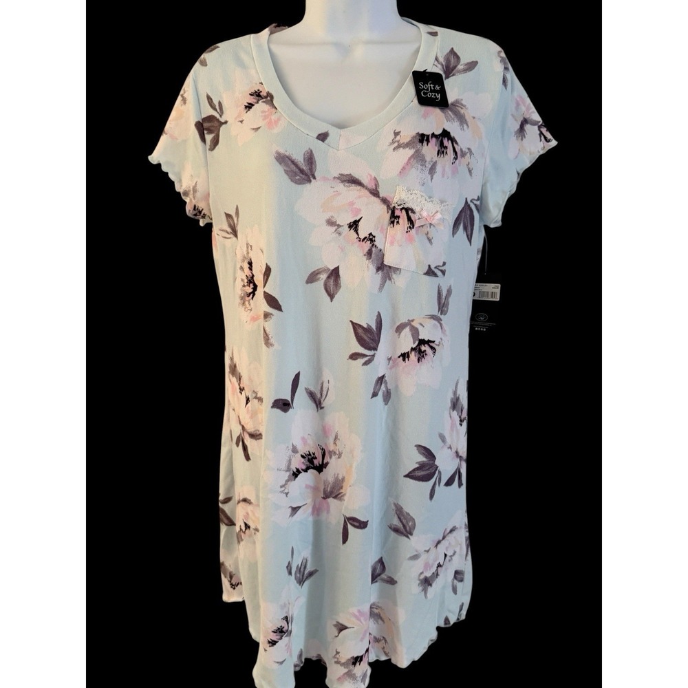 LAURA ASHLEY WOMEN SOFT COZY NIGHTGOWN M PASTEL MINT FLORAL NWT LACE POCKET - Picture 2 of 12